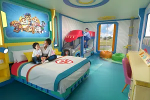 PAW Patrol Bedroom Artist Impression featuring adults bed with PAW Patrol character artwork and a PAW Patroller themed kids bunk bed