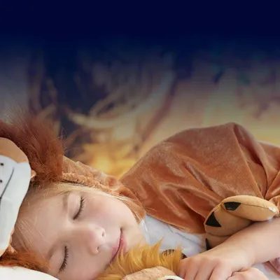 Child sleeping in lion costume in a hotel room at Chessington